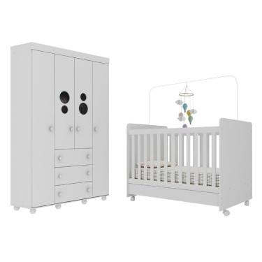 Imagem de Berço Americano 3 Em 1 Com Rodízios E Guarda-roupa 4 Portas 3 Gavetas Pimpolho Multimóveis Mp4386 Branco