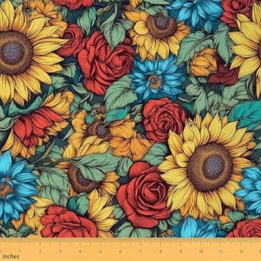 Imagem de Tecido de girassóis da The Yard Aquarela Flores Retrô Folhas Verdes Azuis Tecido para Amantes de Costura Plantas Florais Selvagens Estilo Rústico Tecido para Estofamento DIY e Detalhes em Casa 2