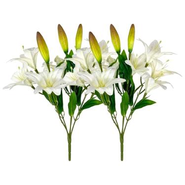 Imagem de ATFL Flores de lírio artificiais, 18 cabeças, 5 garfos de haste longa, buquês de flores falsas de tigre e lírio para casa, hotel, escritório, festa, decoração de mesa, centro de mesa (2, branco)