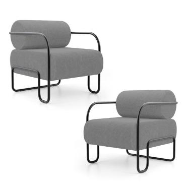 Imagem de Kit 02 Poltronas Decorativas Orgânica Living Miska Bouclê Cinza - Desk Design