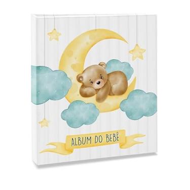 Imagem de Álbum de fotos Ical, encadernação fichário, para 120 fotos 10x15cm - envelope plástico branco - linha Bebê - modelo azul - urso lua - 69