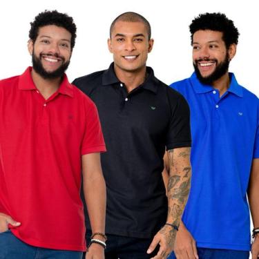 Imagem de Kit 3 Camisas Gola Polo Masculina Piquet Lisa Camisaria Colombo, Azul 