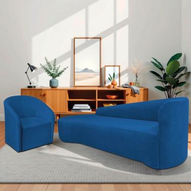 Imagem de Kit Sofá Curvo França 180cm L.e E Poltrona Luiza Max Conforto, Elegância E Design Moderno Linho Azul Royal