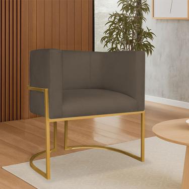 Imagem de Poltrona Dália Luxo Moderna Estofada Design Sofisticado Com Base De Ferro Dourado Suede Marrom