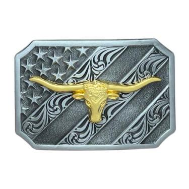Imagem de Fivela de cinto Longhorn Skull American Flag para homens vintage - yiw