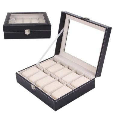 Imagem de Maleta Estojo Caixa Porta Relogio Organizadora Para 12 Relogios Em Madeira E Couro Com Visor