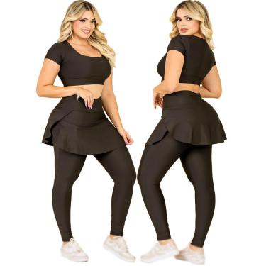 Imagem de Conjunto Fitness Calça Legging Saia Com Bolso E Top Cropped Academia Moda Evangélica Th...