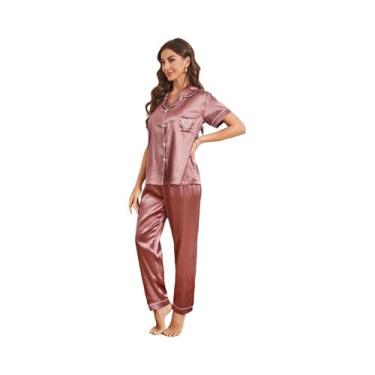 Imagem de Conjunto De Pijama Feminino De Cetim Com Bordado De Coração, Manga Cur