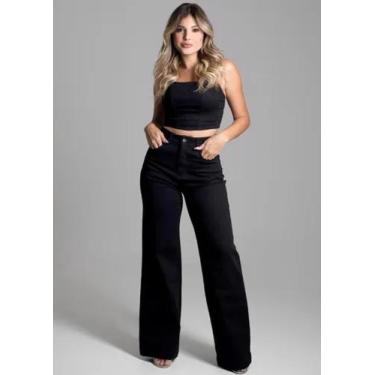 Imagem de Calça Feminina Wide Leg Sawary Preta Sarja 275028, 42