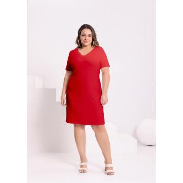 Imagem de Vestido Plus Size Curto Canelado Decote Em V LUNENDER 00478, Vermelho,