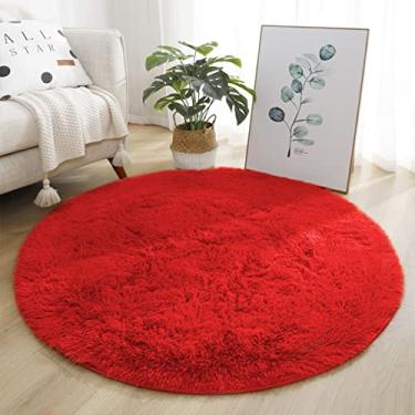 Imagem de Lifup Tapete de Área Antiderrapante Redondo Macio Fofo, Tapete Circular Desgrenhado de Pelúcia Aconchegante, Decoração para Casa para Sala Quarto Vermelho 60 cm