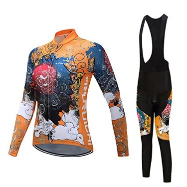 Imagem de Conjunto de camisa de ciclismo inverno feminino manga longa 3D calças acolchoadas MTB desgaste de bicicleta térmico à prova de vento roupas esportivas, laranja, PP (peito: 74cm)