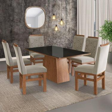 Imagem de Conjunto Sala de Jantar Cadeiras Madeira Maciça Tecido Joli de Jantar Mesa 90x160cm Tampo Vidro com 6  Zamarchi Canela/Preto