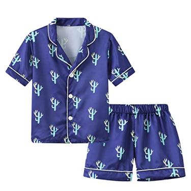 Imagem de Conjunto de pijama infantil menina/menino manga curta roupa de dormir 2 peças roupa de dormir macia com botão camisola de verão, Azul, 5-6 anos