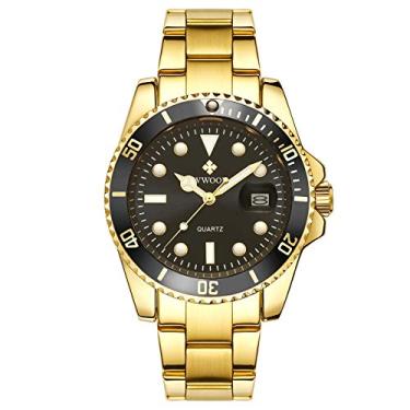 Imagem de Wwoor Relógios de pulso masculinos, relógio masculino de aço inoxidável dourado, à prova d'água, analógico, quartzo, casual, elegante, com data, movimento japonês importado, Dourado/preto