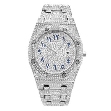 Imagem de ICEDIAMOND CZ Lab Relógio de pulso de quartzo com charme de diamante, zircão gelado 43mm mostrador de calendário hip hop relógio de joias para homens (White)
