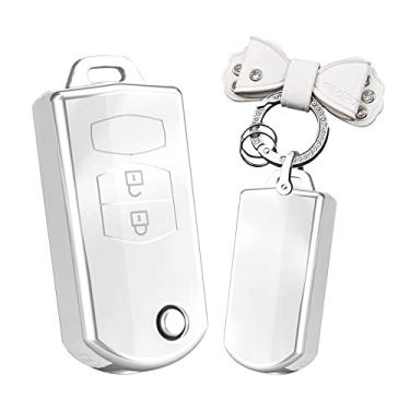 Imagem de HIBEYO Flip 2 botões para Mazda Key Fob Cover Soft TPU Case para Mazda 2 3 5 6 8 Atenza CX5 CX-7 CX-9 MX-5 RX GH Demio Smart Key Holder Acessórios de carro com chaveiros - chaveiro de arco (branco)