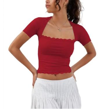 Imagem de Camiseta feminina Y2k gola quadrada manga curta decote renda sexy cor sólida camisetas de verão, 01 - renda vermelha, M