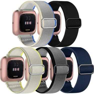 Imagem de Chinber Pacote com 5 pulseiras esportivas compatíveis com Fitbit Versa 2/5, de nylon macio e ajustável para relógio inteligente Fitbit Versa feminino e masculino