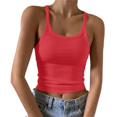 Imagem de Howstar Regatas cropped femininas gola quadrada alças finas sem mangas roupa íntima 2024 verão lisa camisa casual, Vermelho, XXG