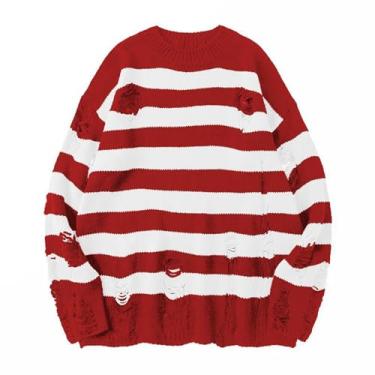 Imagem de FantasyGears Suéter feminino Y2K listrado outono suéter de malha grande grunge manga longa pulôver rasgado roupas desgastadas, Listra #branco vermelho, M