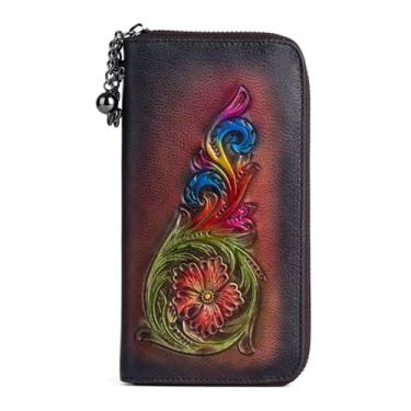 Imagem de Carteira feminina de couro genuíno longa dobrável para mulheres com bolso para moedas com zíper, c