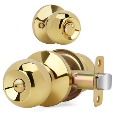 Imagem de LOQRON Maçaneta de porta com design de bola com trava, maçaneta sem chave redonda de privacidade para banheiro/quarto, acabamento em latão polido