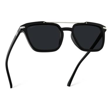 Imagem de WearMe Pro Óculos de sol aviador quadrado masculino moderno - ponte de metal duplo com lentes polarizadas, Armação preta fosca/lente preta, One Size