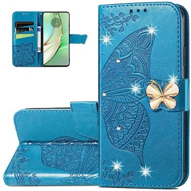 Imagem de Dinglijia Capa carteira para Motorola Edge 40, capa de couro PU padrão borboleta com fecho magnético e slots de cartão de dinheiro para Moto Edge 40, strass azul