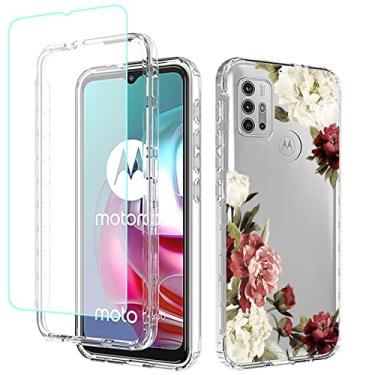 Imagem de Tothedu Capa de celular para Moto G10/G10 Power/Moto G30/Moto G20 XT2129-1 com protetor de tela de vidro temperado, linda capa protetora de corpo inteiro com estampa floral transparente para Motorola