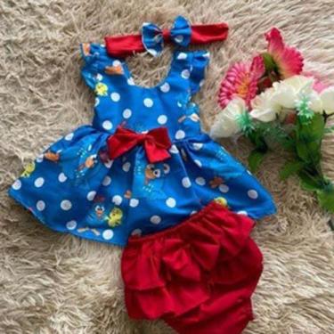 Imagem de Conjunto Menina Bebê Carinho Galinha Pintadinha Azul +Laço de Cabelo +