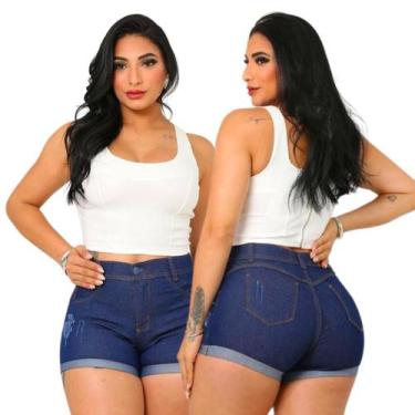 Imagem de Short Jeans Azul com Puído Feminino com Lycra Shortinho - Umuhe, Azul 