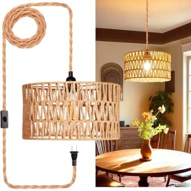 Imagem de Eqquorva Luz pendente de plugue, luzes penduradas em vime com cabo de conexão, plugue de lâmpada suspensa feito à mão, luminárias de vime para pendurar no teto para sala de estar quarto