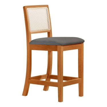 Imagem de Banqueta Alta Luxo Em Tela Sextavada Assento Estofado Linho Cinza Rubi Madeira Maciça 