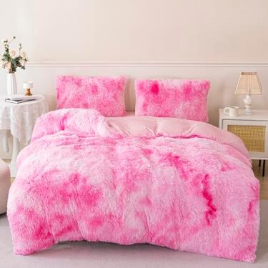 Imagem de RYNGHIPY Jogo de cama felpudo de pelúcia para crianças, meninas, pele sintética, veludo fofo, conjunto de capa de edredom rosa tie dye Gilrs conjunto de cama peludo e macio (Tie Dye Pink, Queen)