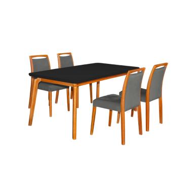Imagem de Mesa Jantar Luxo Jade 160x90cm Preto com 4 Cadeiras Estofadas Linho Chumbo Base Madeira Maciça Mel