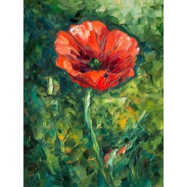 Imagem de HMDIIMGE Pintura de diamante de flor, flor vermelha DIY 5D em arte de diamante de grama verde, kits de pintura de diamantes redondos completos, para decoração de parede de arte, decoração de quarto