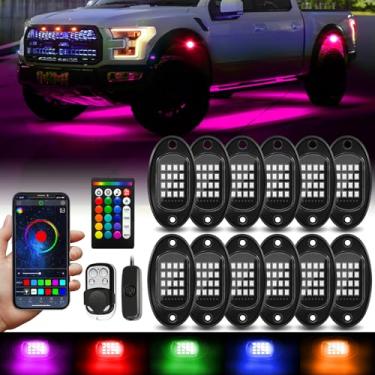 Imagem de VI9000 12 Pods Rgb Led Rock Lights Com Controle Remoto App/Rf Alto Brilho À Prova D'Água Underglow Multicolorido Zona Neon Exterior Rock Lights Para Caminhões 12V Jeep Utv Atv Rzr Offroad Pickup Suv