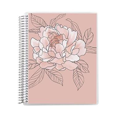 Imagem de Erin Condren Caderno feminino 21,6 cm x 28 cm encadernado em espiral universitário - Flora Peony. Caderno pautado com 160 páginas pautadas para anotações. Papel moicano grosso de 36 kg. Adesivos