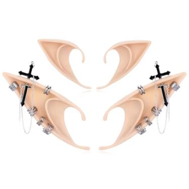 Imagem de FRESHME Conjunto de brincos de orelhas de elfo de fada com piercing - cosplay orelhas de elfo e brincos de cruz preta clipes de orelha femininos meninas halloween renascentista anime festa fantasia
