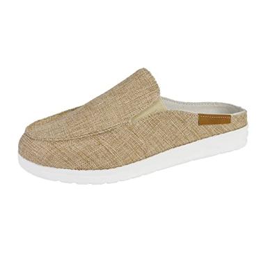 Imagem de Tênis feminino de lona, leve, sem cadarço, moderno, aberto nas costas, sem cadarço, bico redondo, cano baixo, casual, mocassim confortável, Caqui, 36
