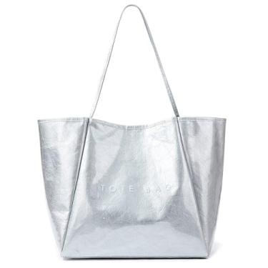 Imagem de KALIDI Bolsa feminina grande de PVC, bolsa Hobo, para viagem, papel kraft, bolsa de ombro grande, para trabalho, faculdade, praia, Prata, Large