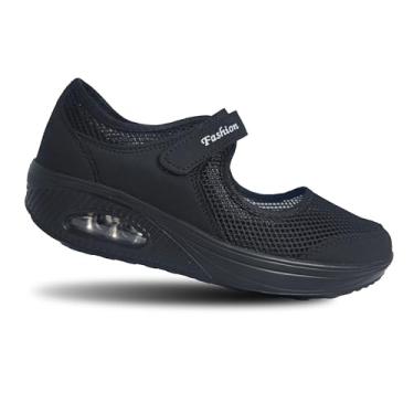 Imagem de YSMIIH Tênis feminino Walking Mary Jane Wedges confortável com gancho e laço para enfermeira casual, Preto, 39