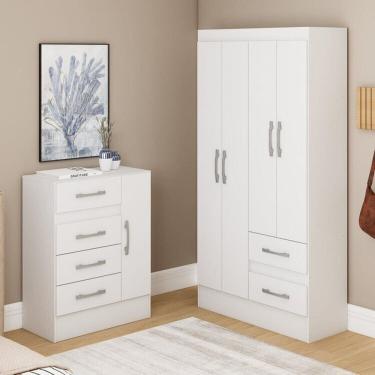 Imagem de Guarda-Roupa 4 portas e 2 Gavetas com Cômoda 4 Gavetas e 1 Porta Branco