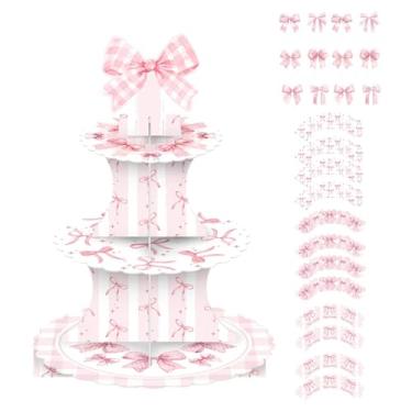 Imagem de Fenteer Suporte para bolo de 3 andares com toppers e embalagens, suporte para cupcake com laço, torre de sobremesa para confeitaria, cozinha, aniversário,