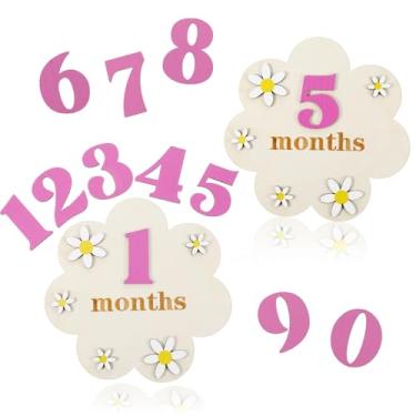 Imagem de Grevosea Placas de marco do bebê, cartões mensais de marcos marcos do bebê margarida meses círculos de madeira com número intercambiável para gravação de crescimento do bebê adereços de foto