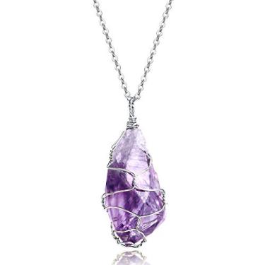 Imagem de BOUTIQUELOVIN Colar com pingente de ametista envolto em arame, joia de pedra de cristal de chacra curativo, 15-23mm (W) x 22-42mm (L), Latão