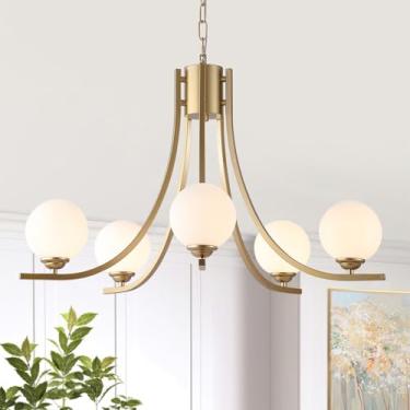 Imagem de Lustre Sputnik moderno, lustres dourados de fazenda para sala de jantar com tons de globo de vidro de leite, luminárias pendentes de meados do século para cozinha ilha sala de estar, quarto, escada