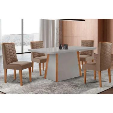 Imagem de Conjunto Sala de Jantar Tilia c/ Tampo Madeirado c/ Vidro Canto Curvo 120x80cm e 4 Cadeiras Dafne Madeira Maciça Naturale/Off White - Capuccino/Suede 