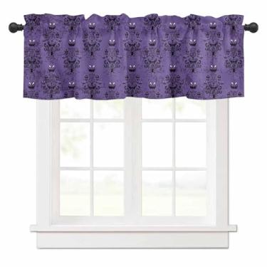 Imagem de Cortina de dia das bruxas para janelas de cozinha, cortina roxa assombrada, casa fantasma, mansão, tratamento de janela, sanefas para quarto/sala de estar/banheiro, 152 x 45 cm